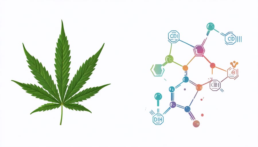 Side-by-side comparison of hemp leaf and CBD molecule diagram